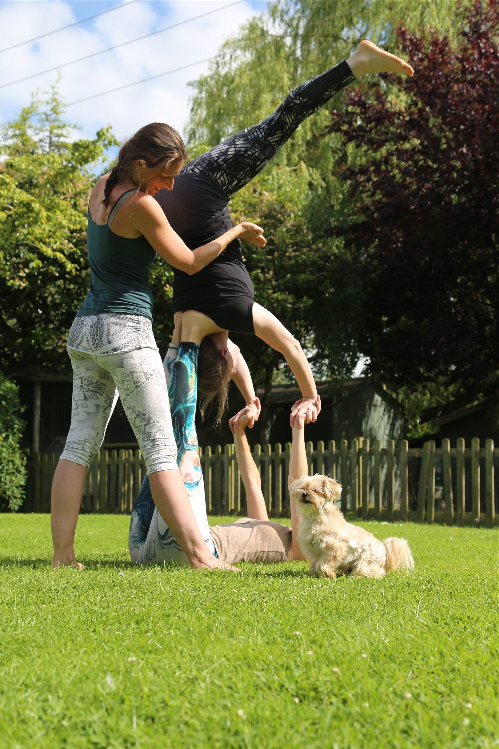 Outdoor AcroYoga in a garden: a flyer inverted above a base, a spotter alongside and a small dog watching