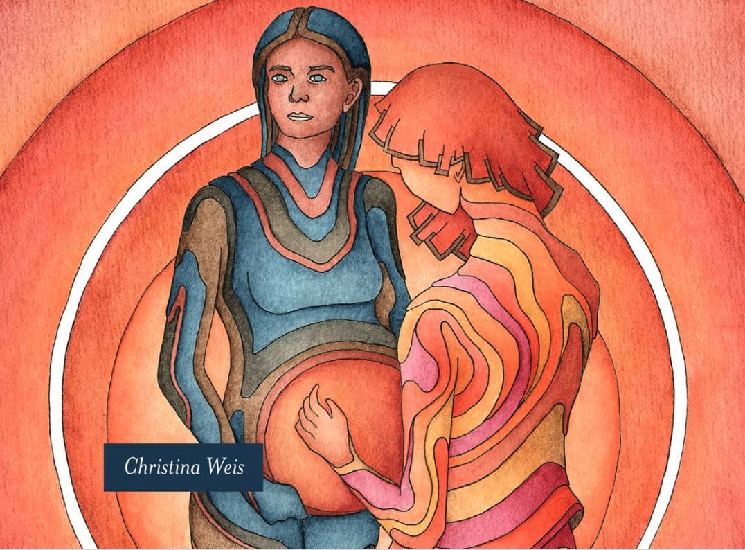 Painted illustration of a pregnant figure with a second figure curled around her, from the Surrogacy in Russia research